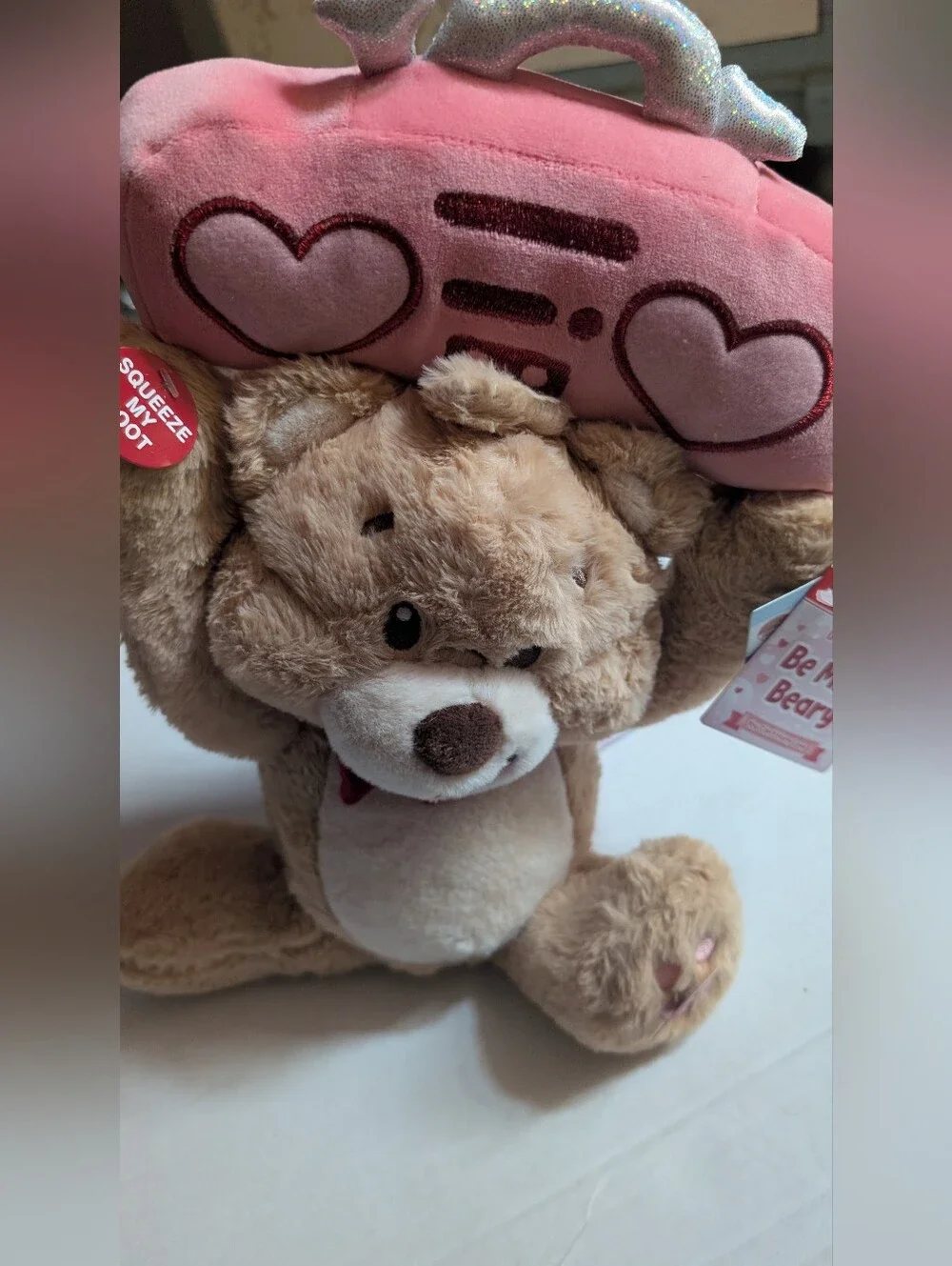 Plush Light Brown Teddy Bear with Pink Heart Pillow - Soft Cuddly Stuffed Animal